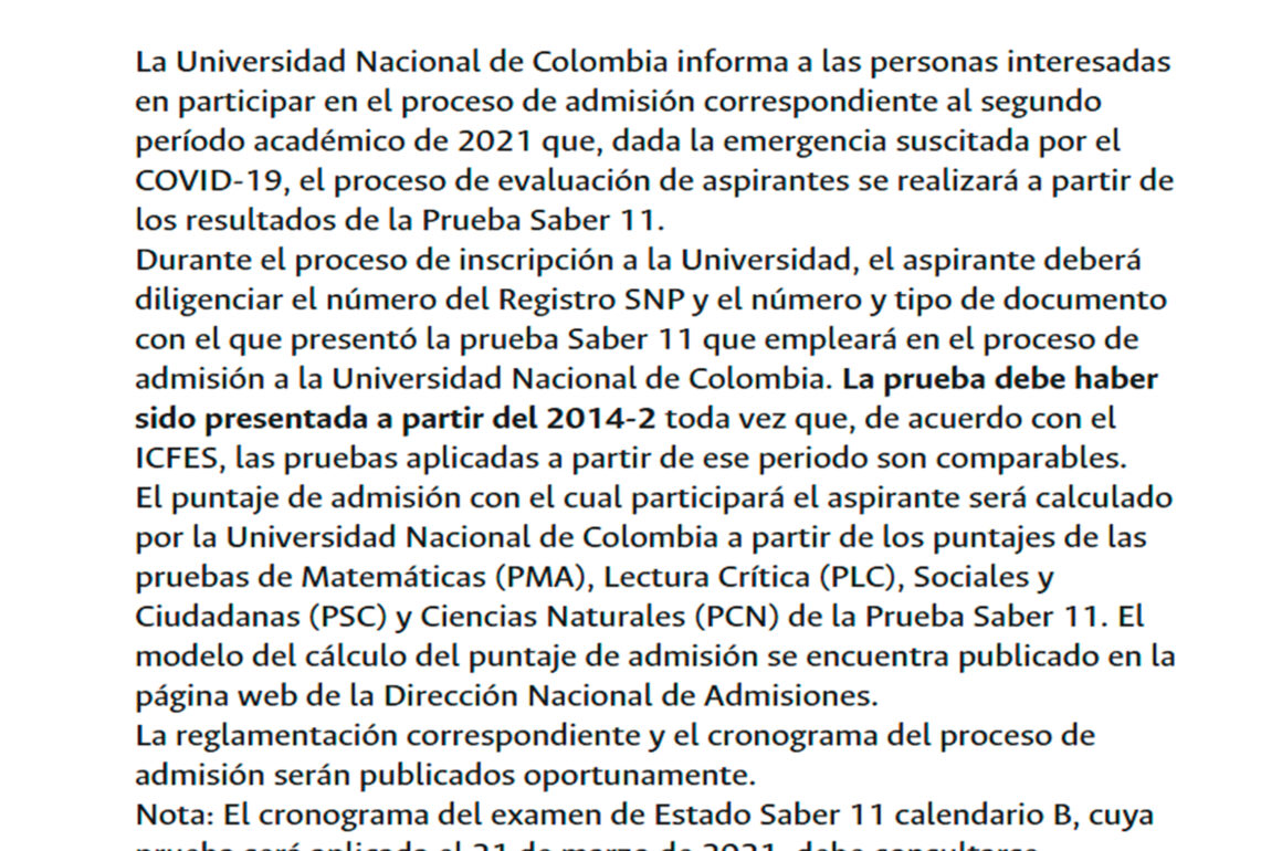 No habrá Examen de Admisión 2021-2 en la Universidad Nacional