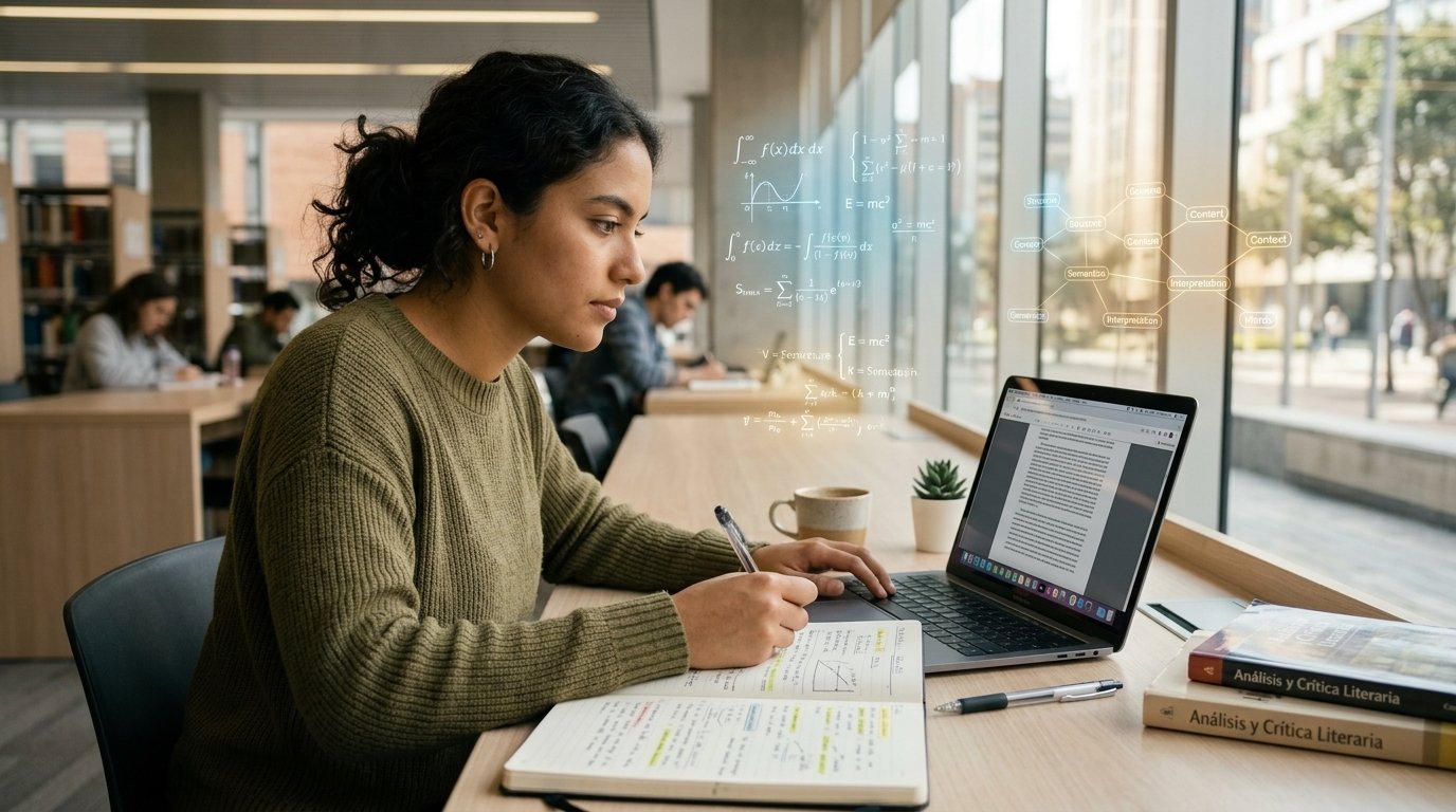 Estudiante preparando examen con computadora y notas
