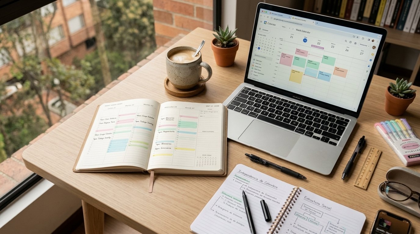 Planificación de horario semanal en agenda de trabajo con café y bolígrafo
