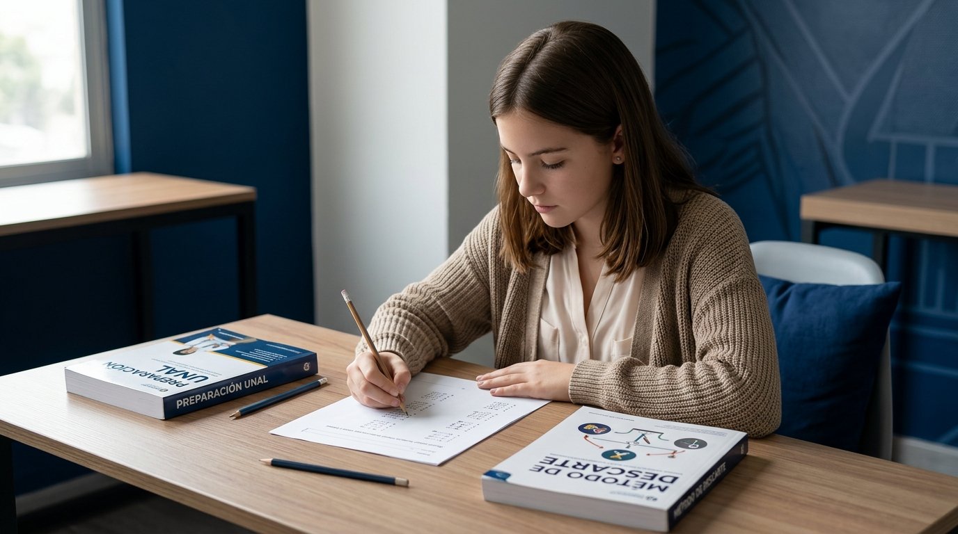 Estudiante preparando examen de admisión UNAL e ICFES mediante técnicas de descarte rápido