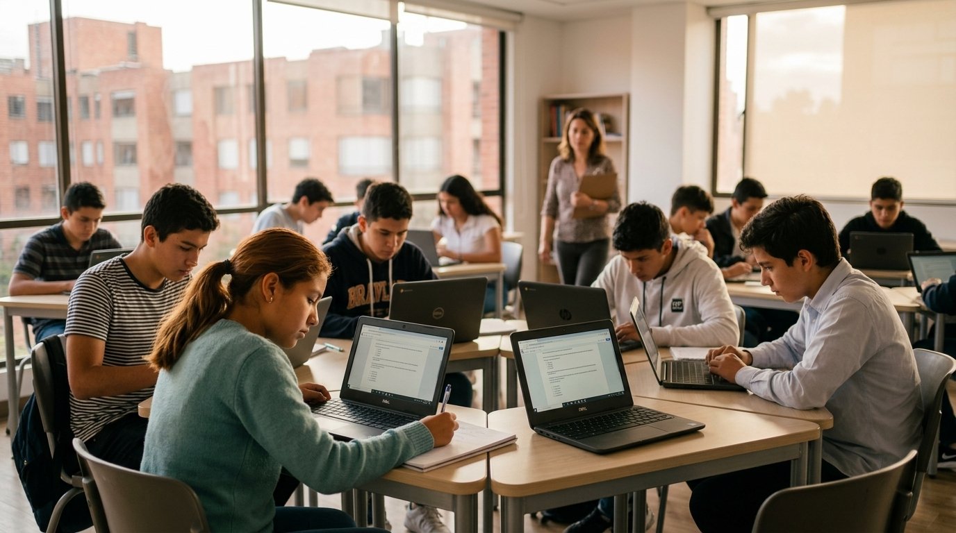 Estudiantes rindiendo prueba académica en un aula escolar